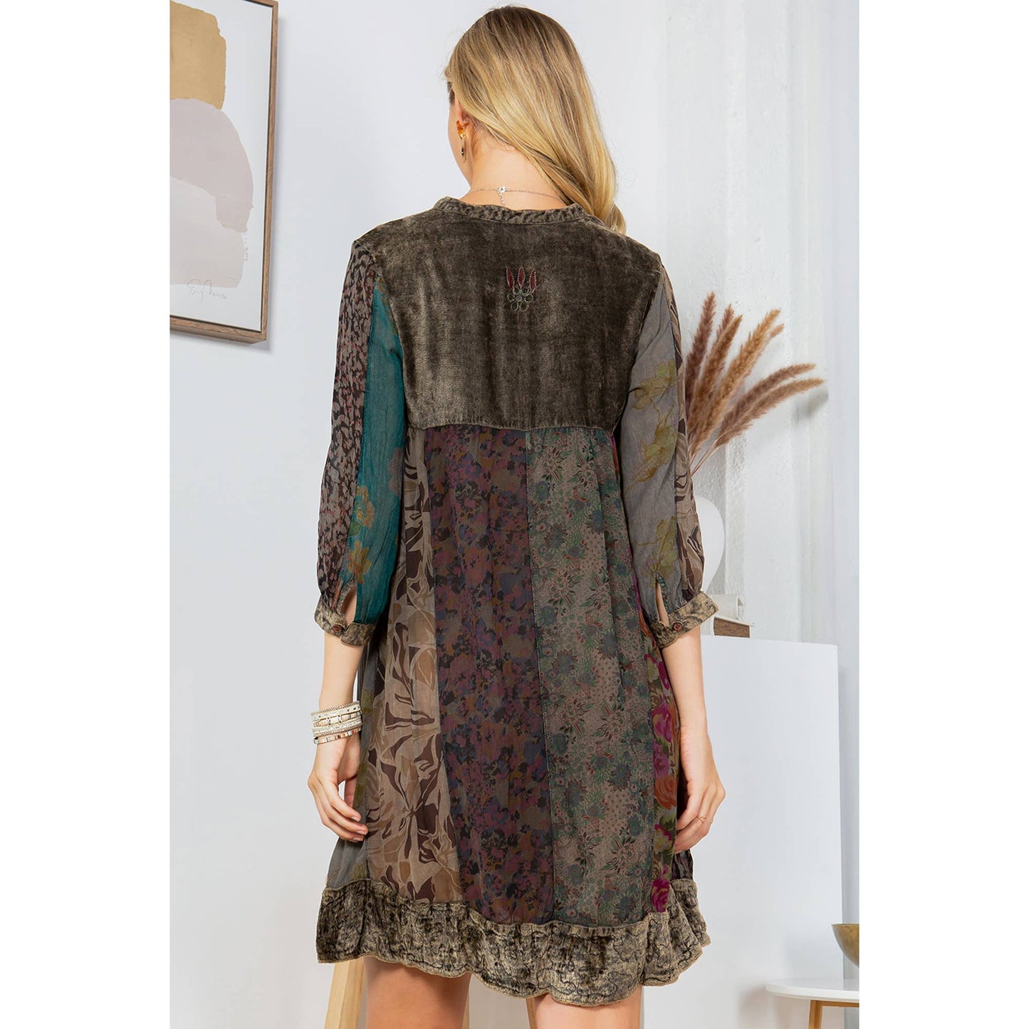 Chic Bohemian Stone-Washed Babydoll Dress With Velvet, Print: X-Large / Gravel