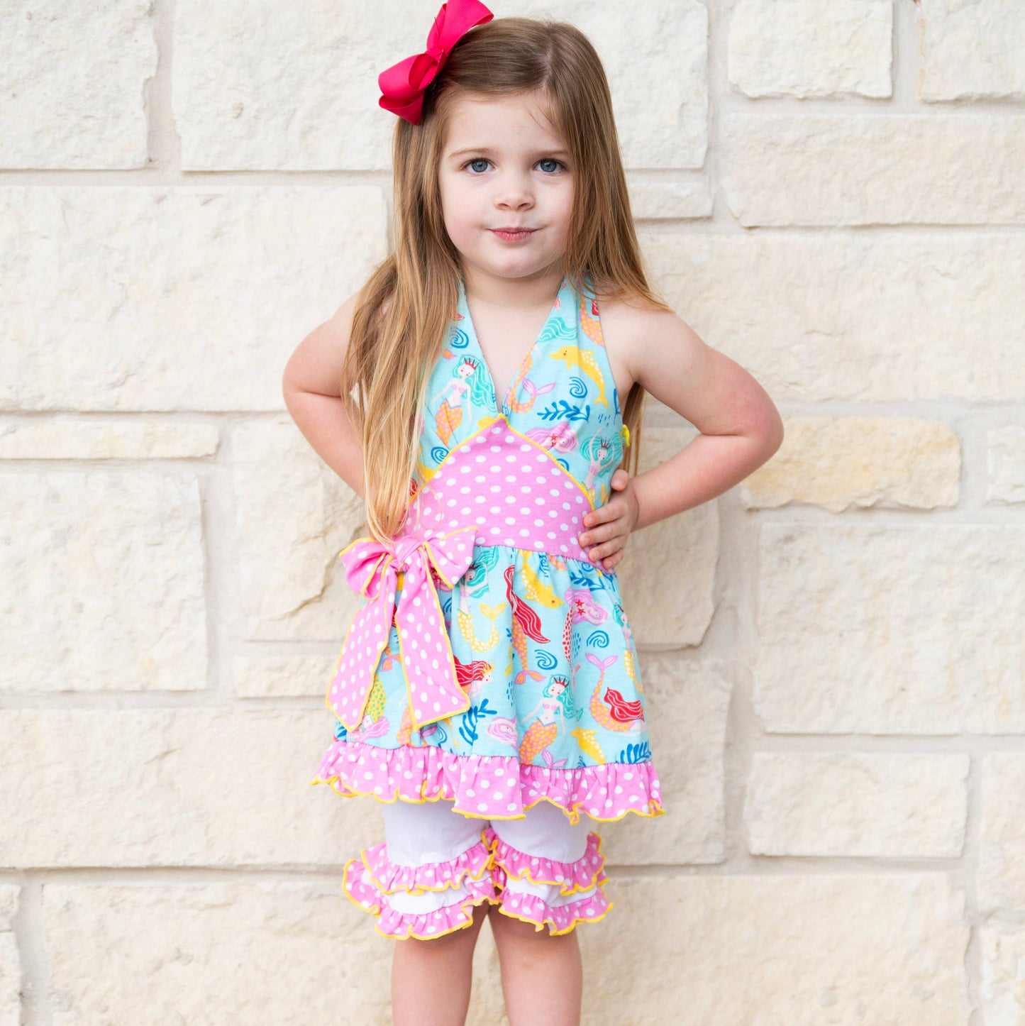 AnnLoren - AnnLoren Girls Mermaid Halter Dress White Shorts Summer Set: 2-3T