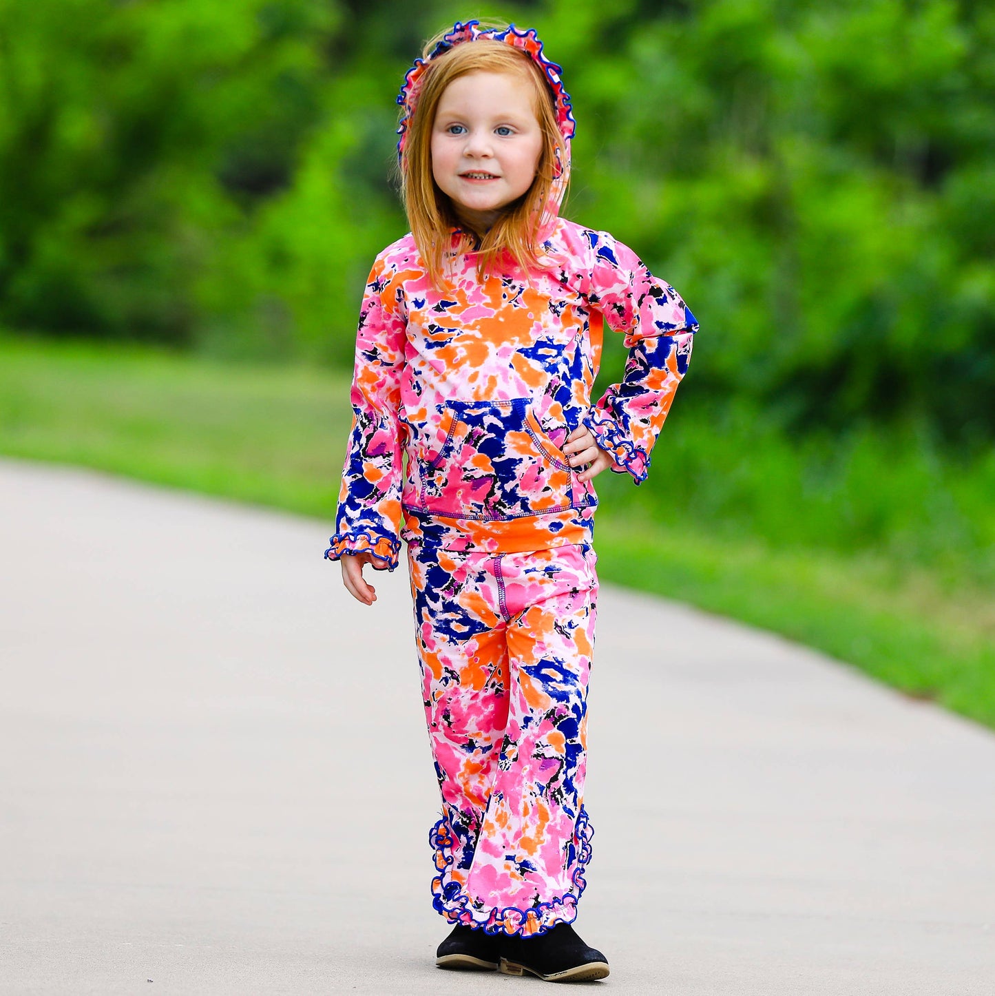 AnnLoren - AnnLoren Little Girls Track Suit Tie Dye Ruffle Hoodie Pants: 2-3T
