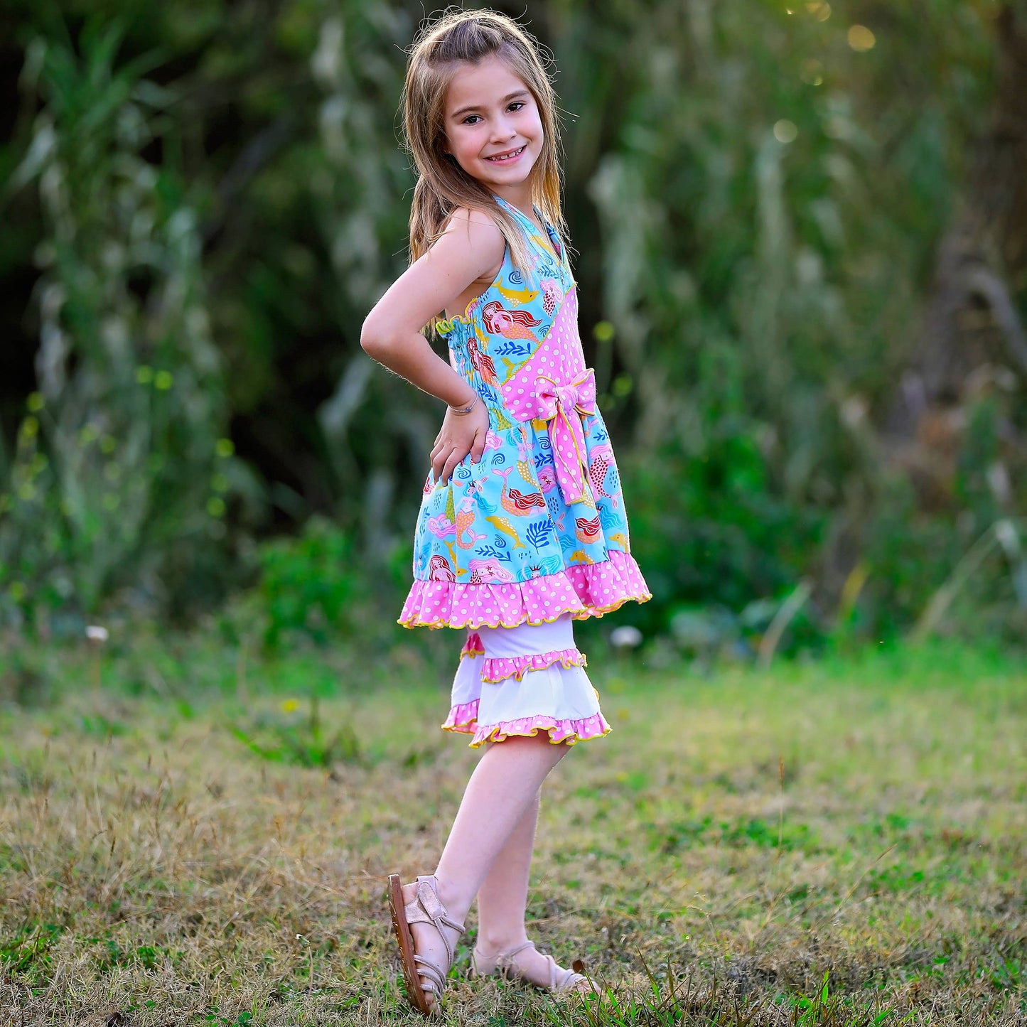 AnnLoren - AnnLoren Girls Mermaid Halter Dress White Shorts Summer Set: 2-3T