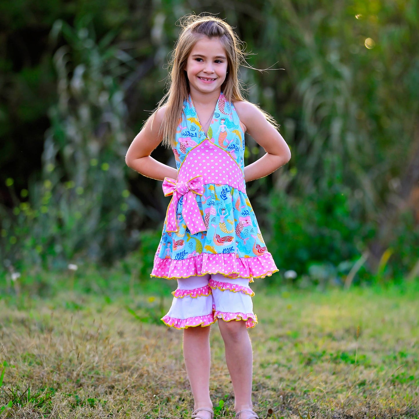 AnnLoren - AnnLoren Girls Mermaid Halter Dress White Shorts Summer Set: 2-3T
