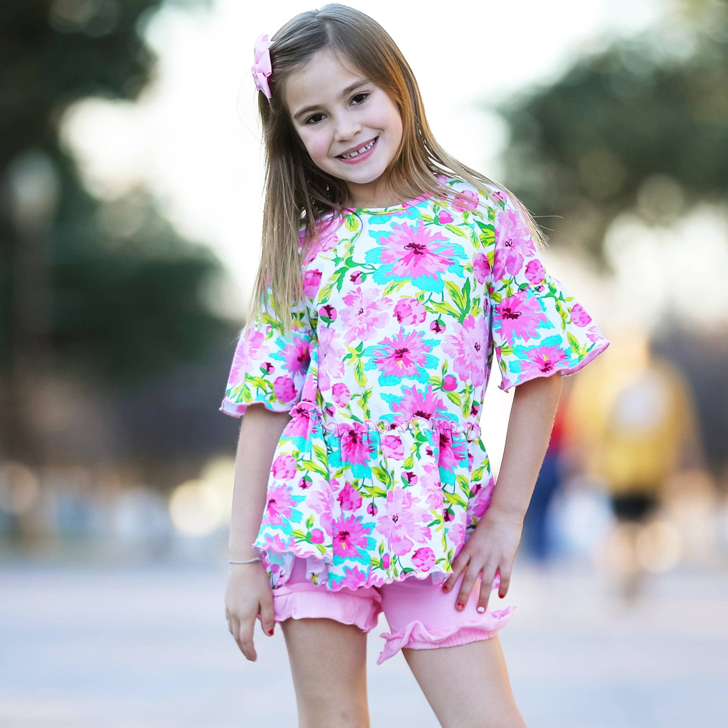 AnnLoren - Girls Angel Sleeve Pink Floral Ruffle Hi Low Shirt Clothing: 2-3T