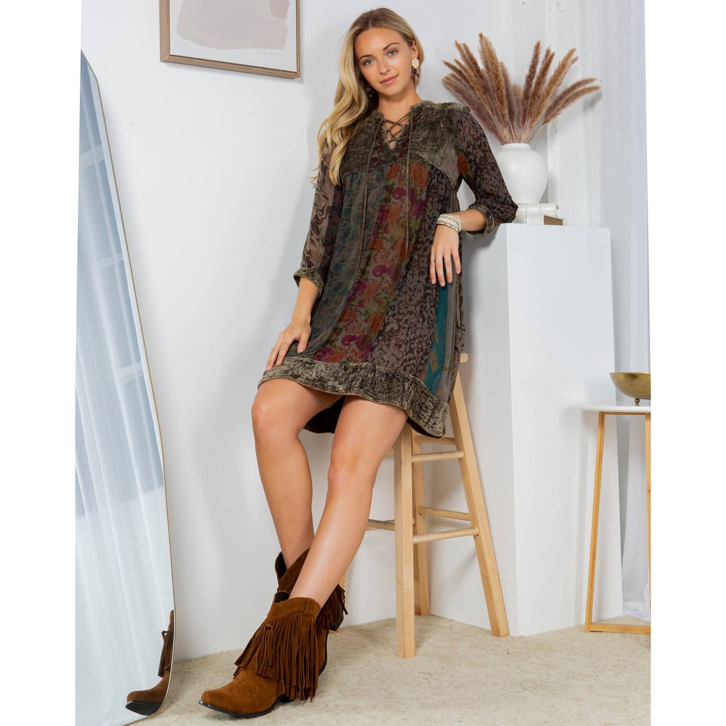 Chic Bohemian Stone-Washed Babydoll Dress With Velvet, Print: X-Large / Gravel