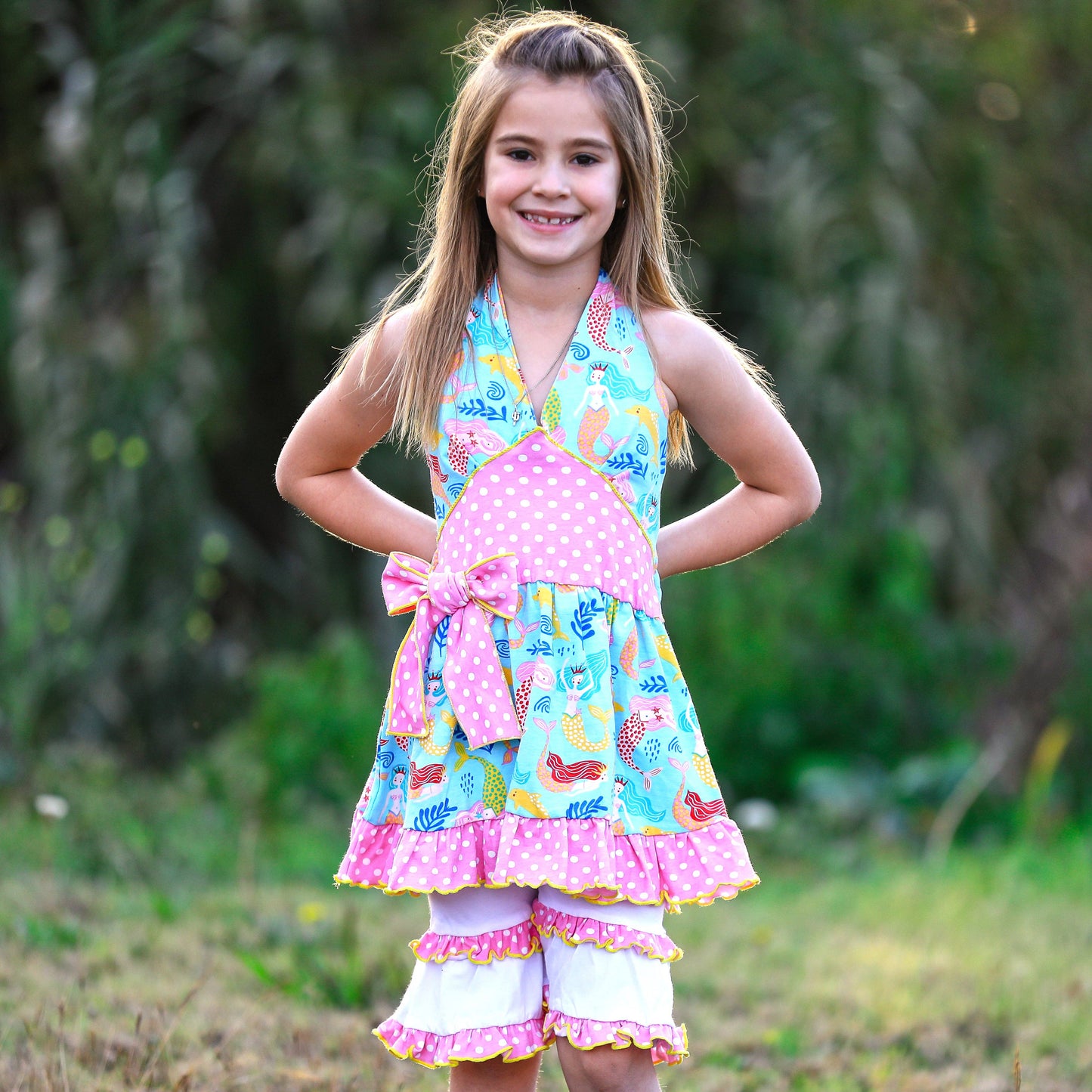 AnnLoren - AnnLoren Girls Mermaid Halter Dress White Shorts Summer Set: 2-3T
