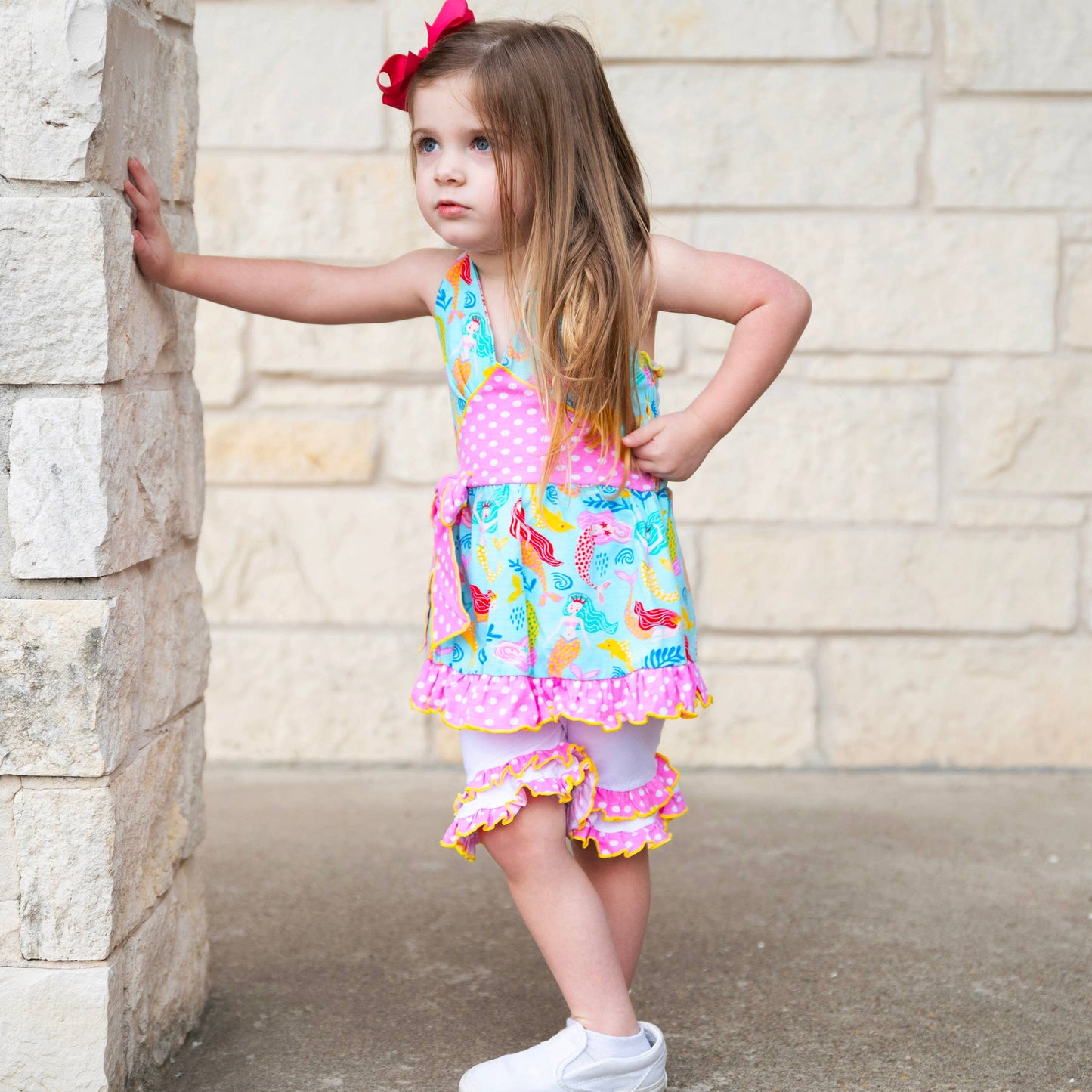 AnnLoren - AnnLoren Girls Mermaid Halter Dress White Shorts Summer Set: 2-3T