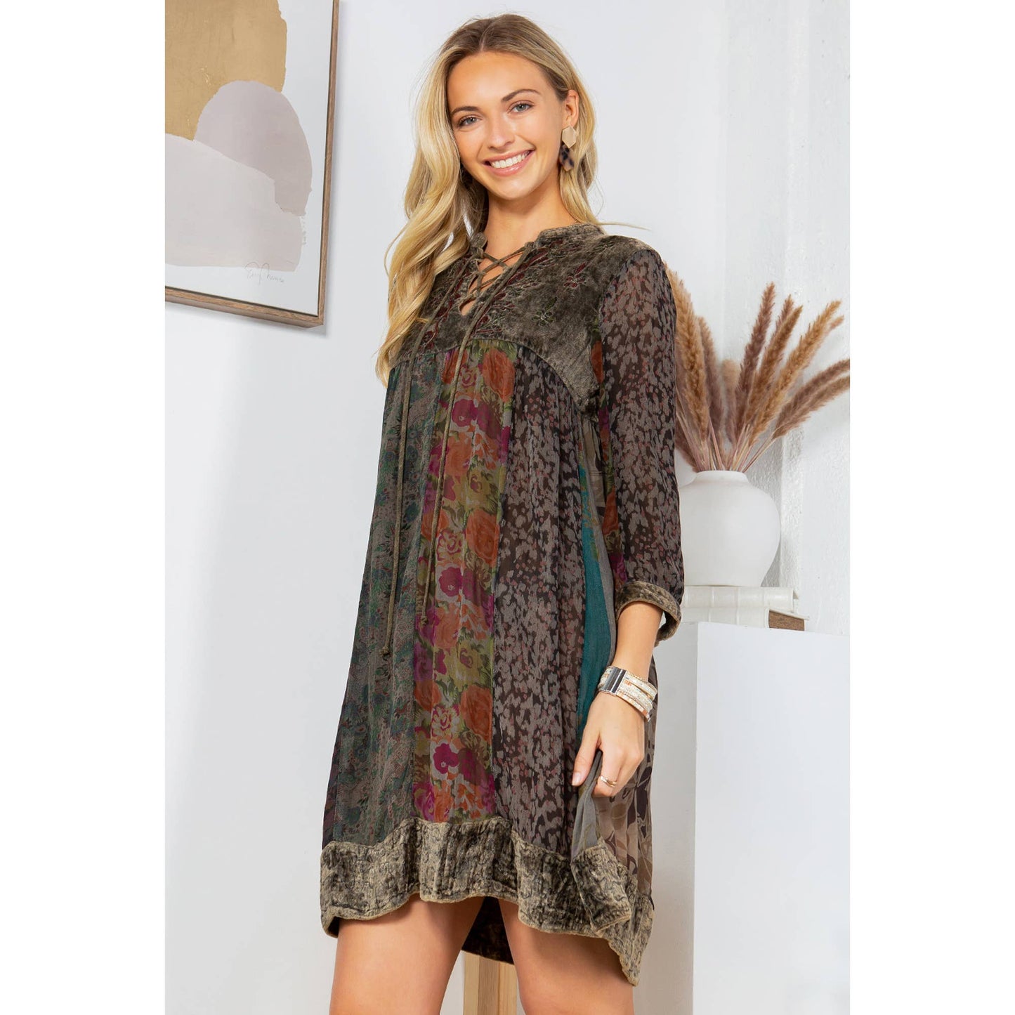 Chic Bohemian Stone-Washed Babydoll Dress With Velvet, Print: Small / Gravel