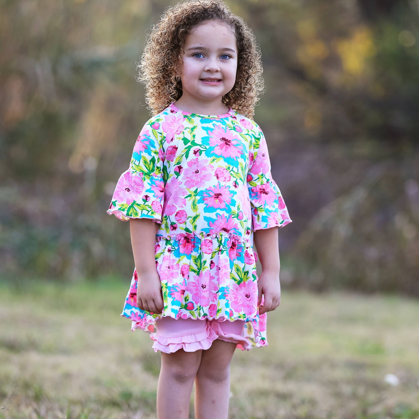 AnnLoren - Girls Angel Sleeve Pink Floral Ruffle Hi Low Shirt Clothing: 2-3T