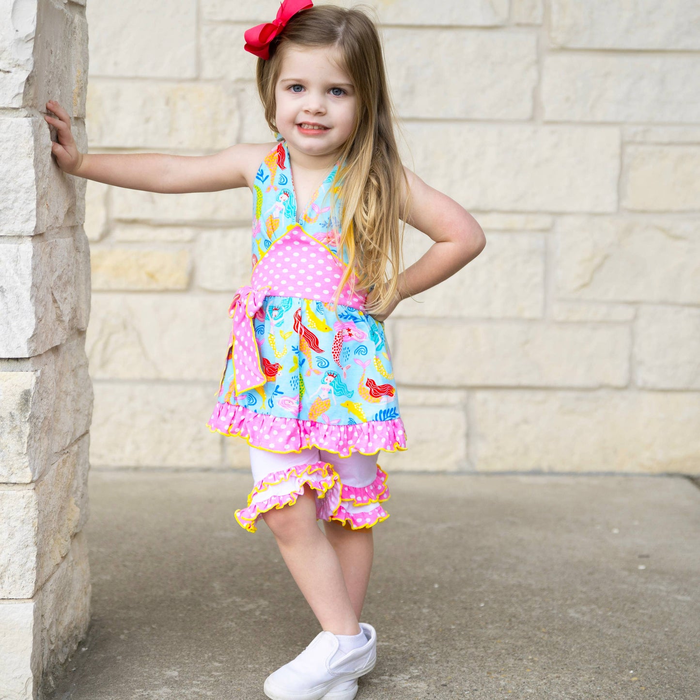 AnnLoren - AnnLoren Girls Mermaid Halter Dress White Shorts Summer Set: 2-3T