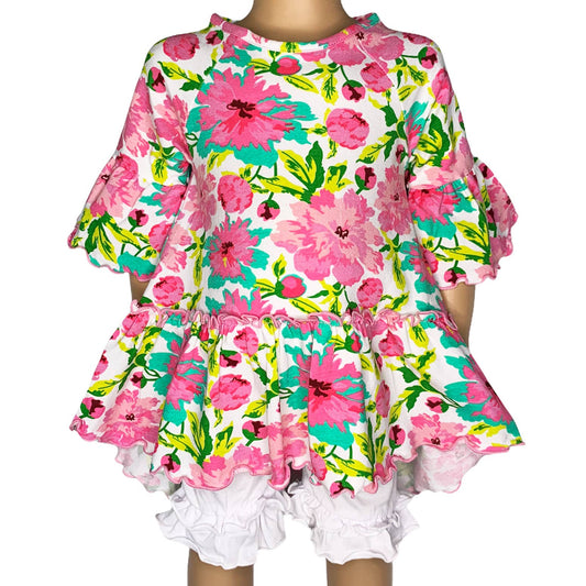 AnnLoren - Girls Angel Sleeve Pink Floral Ruffle Hi Low Shirt Clothing: 2-3T