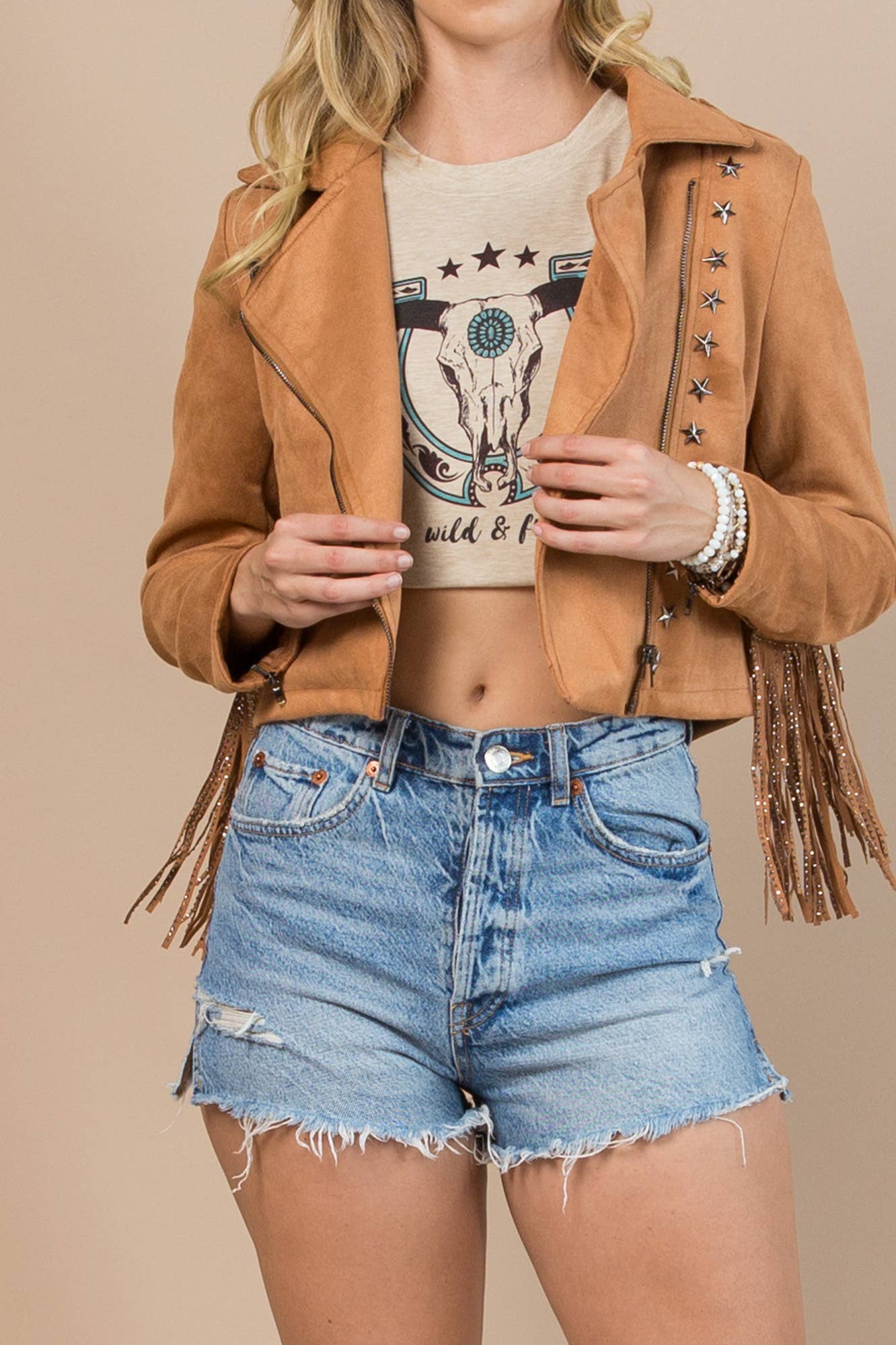 Nylon Apparel - 81201-Western Faux Suede Cowboy Fringed Jacket: L / Brown