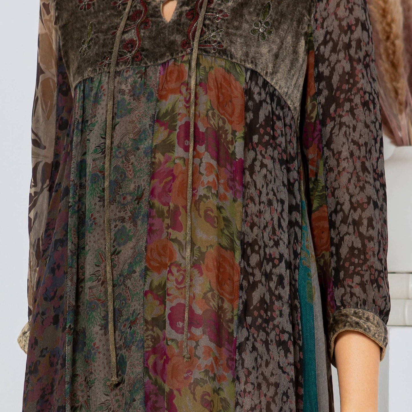 Chic Bohemian Stone-Washed Babydoll Dress With Velvet, Print: Small / Gravel