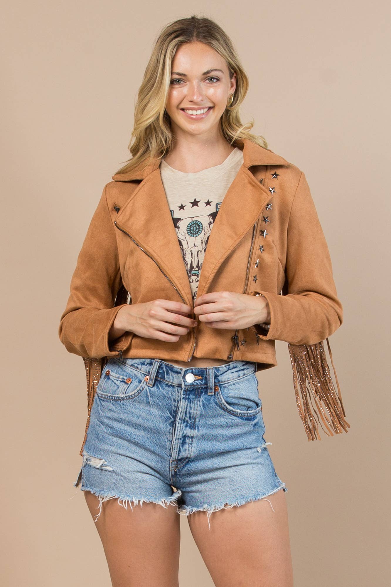 Nylon Apparel - 81201-Western Faux Suede Cowboy Fringed Jacket: M / Brown