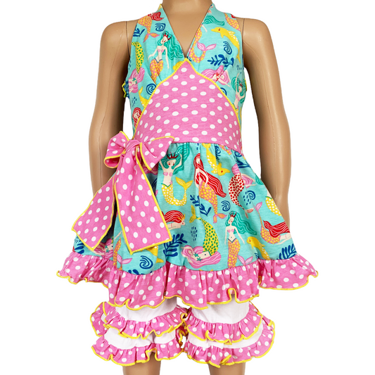AnnLoren - AnnLoren Girls Mermaid Halter Dress White Shorts Summer Set: 2-3T