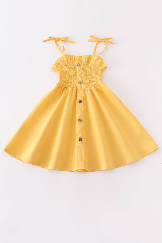 Honeydew - Mustard smocked strap button dress