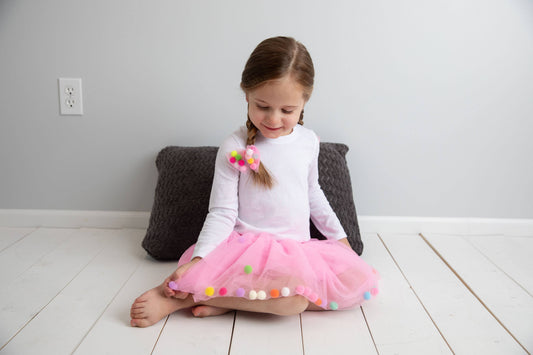 Tutu Joli LLC - Pink Kids Pom Pom Tutu & Bow Hair Tie 2PCs