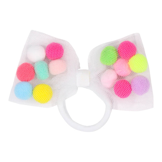 Tutu Joli LLC - 2Pc Bow Pom Pom Hair Ties-4" Wide Bow Cutest Ponytail Holder