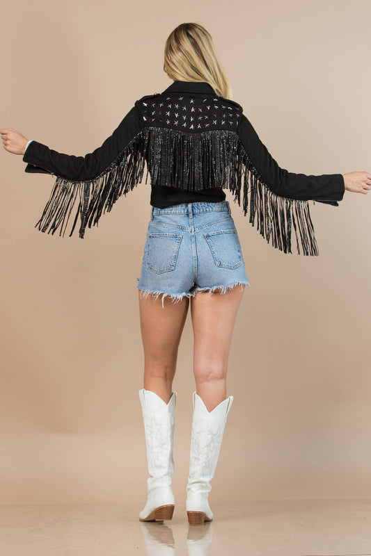 Nylon Apparel - 81201-Western Faux Suede Cowboy Fringed Jacket: L / Black