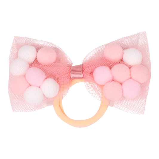 Tutu Joli LLC - 2Pc Bow Pom Pom Hair Ties-4" Wide Bow Cutest Ponytail Holder
