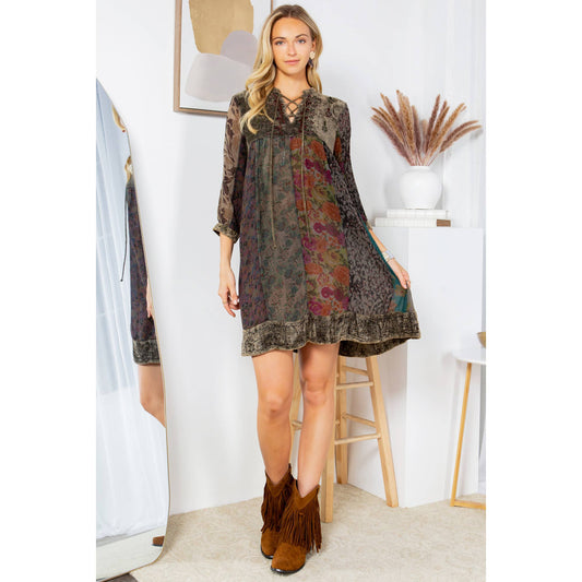 Chic Bohemian Stone-Washed Babydoll Dress With Velvet, Print: Large / Gravel