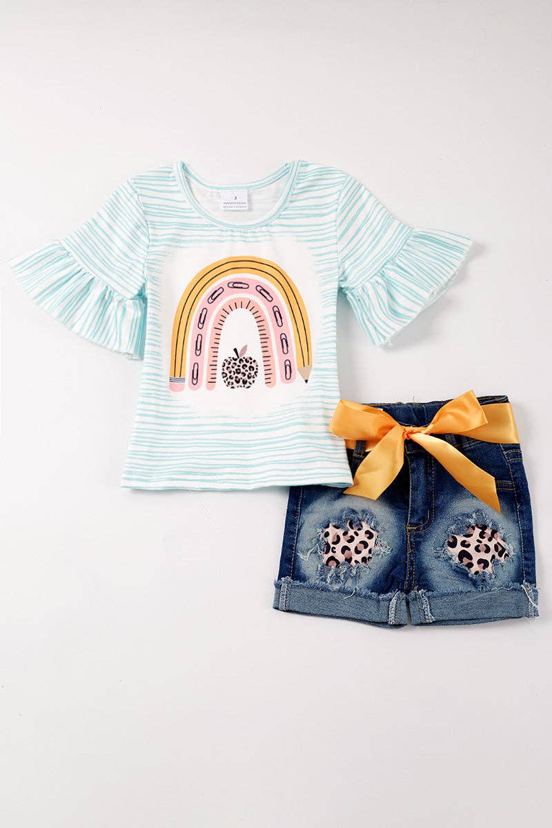 Honeydew - Mint back to school leopard denim girl set
