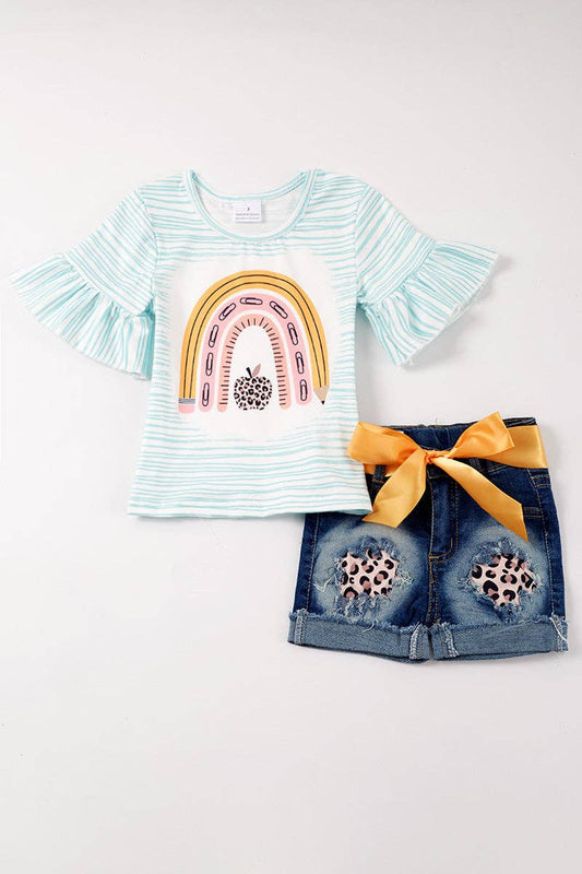 Honeydew - Mint back to school leopard denim girl set