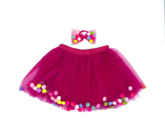 Tutu Joli LLC - Hot Pink Pom Pom Tutu & Bow Hair Tie-Hot Pink Tutu 2PCs