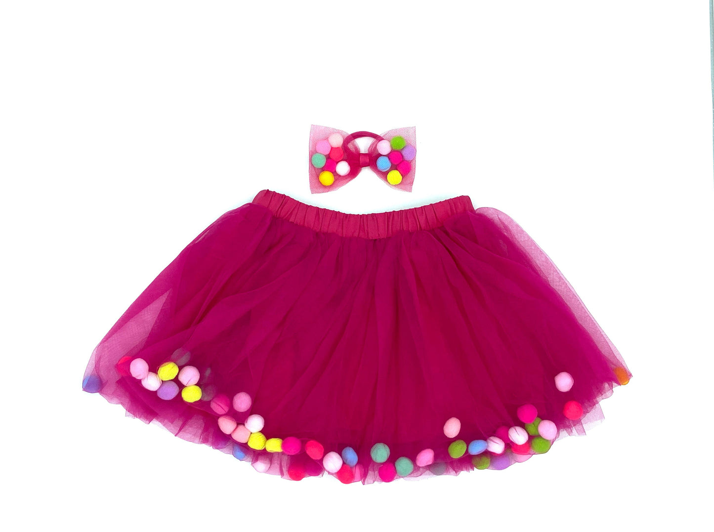 Tutu Joli LLC - Hot Pink Pom Pom Tutu & Bow Hair Tie-Hot Pink Tutu 2PCs