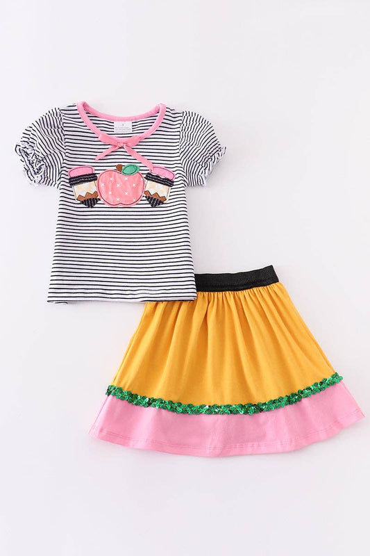 Honeydew - Stripe pencil apple applique back to school skirt set