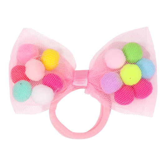 Tutu Joli LLC - 2Pc Bow Pom Pom Hair Ties-4" Wide Bow Cutest Ponytail Holder