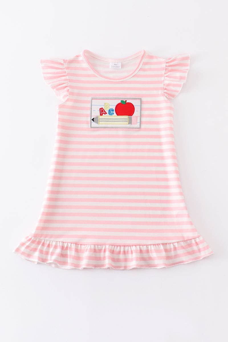 Honeydew - Pink stripe apple pencil applique ruffle dress