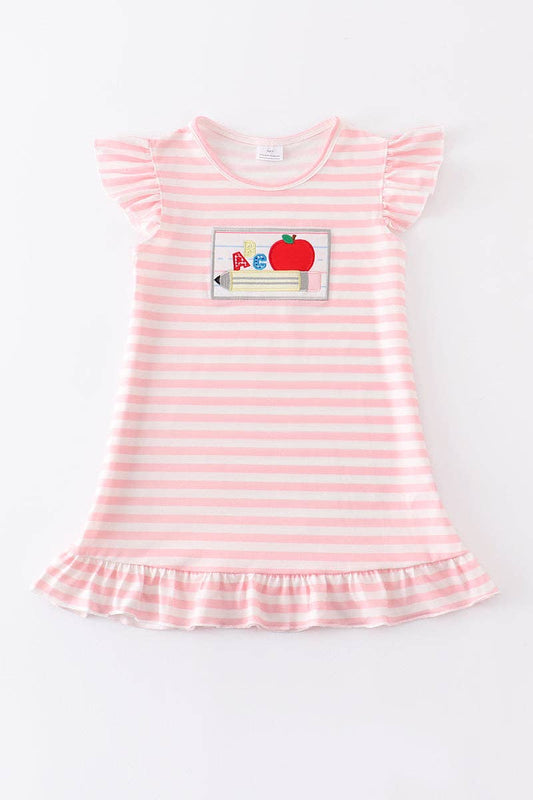 Honeydew - Pink stripe apple pencil applique ruffle dress