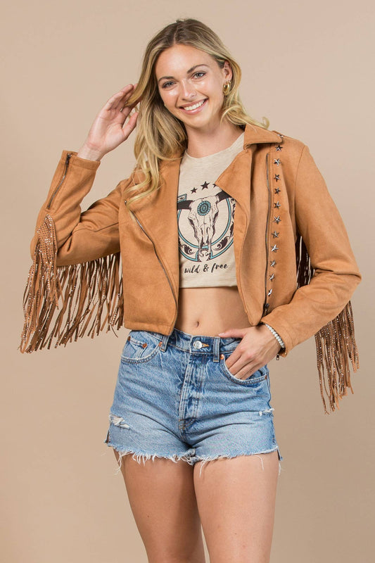 Nylon Apparel - 81201-Western Faux Suede Cowboy Fringed Jacket: S / Brown