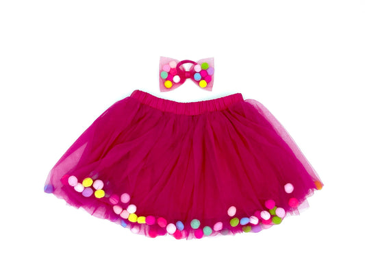 Tutu Joli LLC - Hot Pink Pom Pom Tutu & Bow Hair Tie-Hot Pink Tutu 2PCs